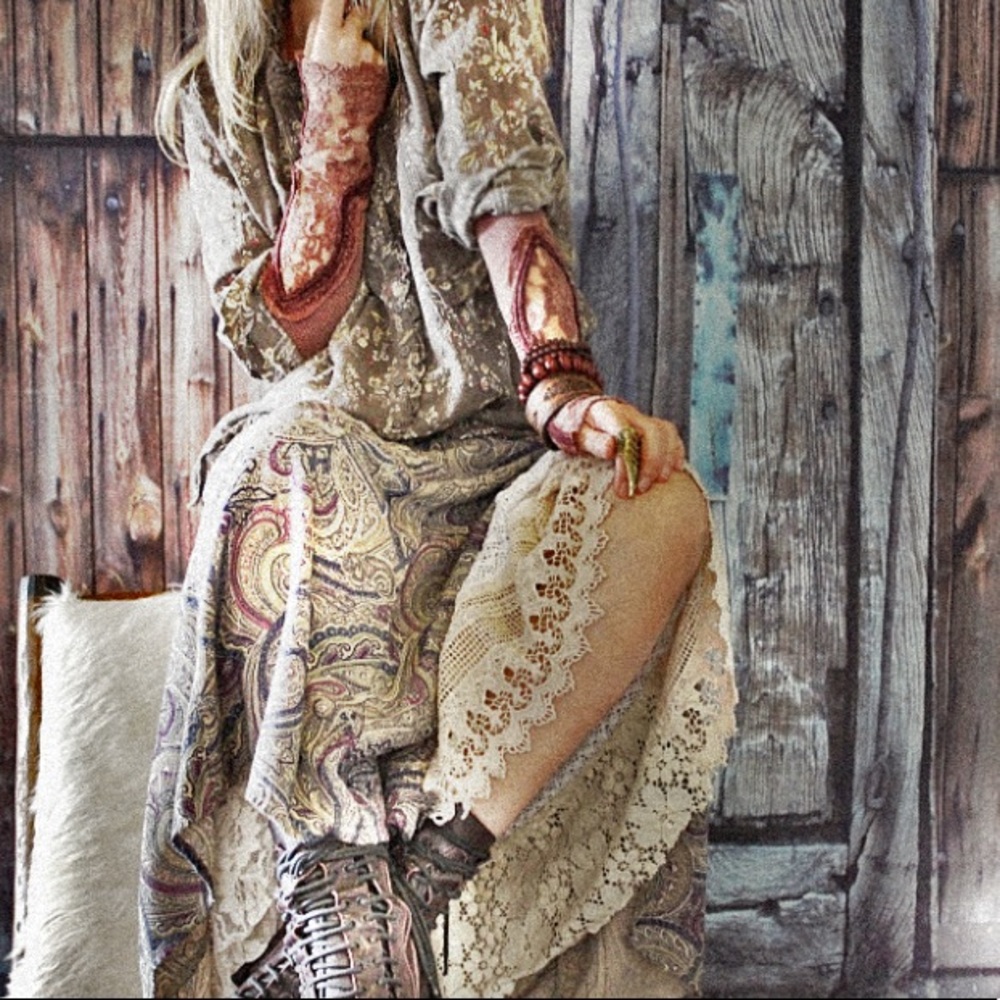 Bohemian Lace-Trim Paisley Maxi Skirt in Beige